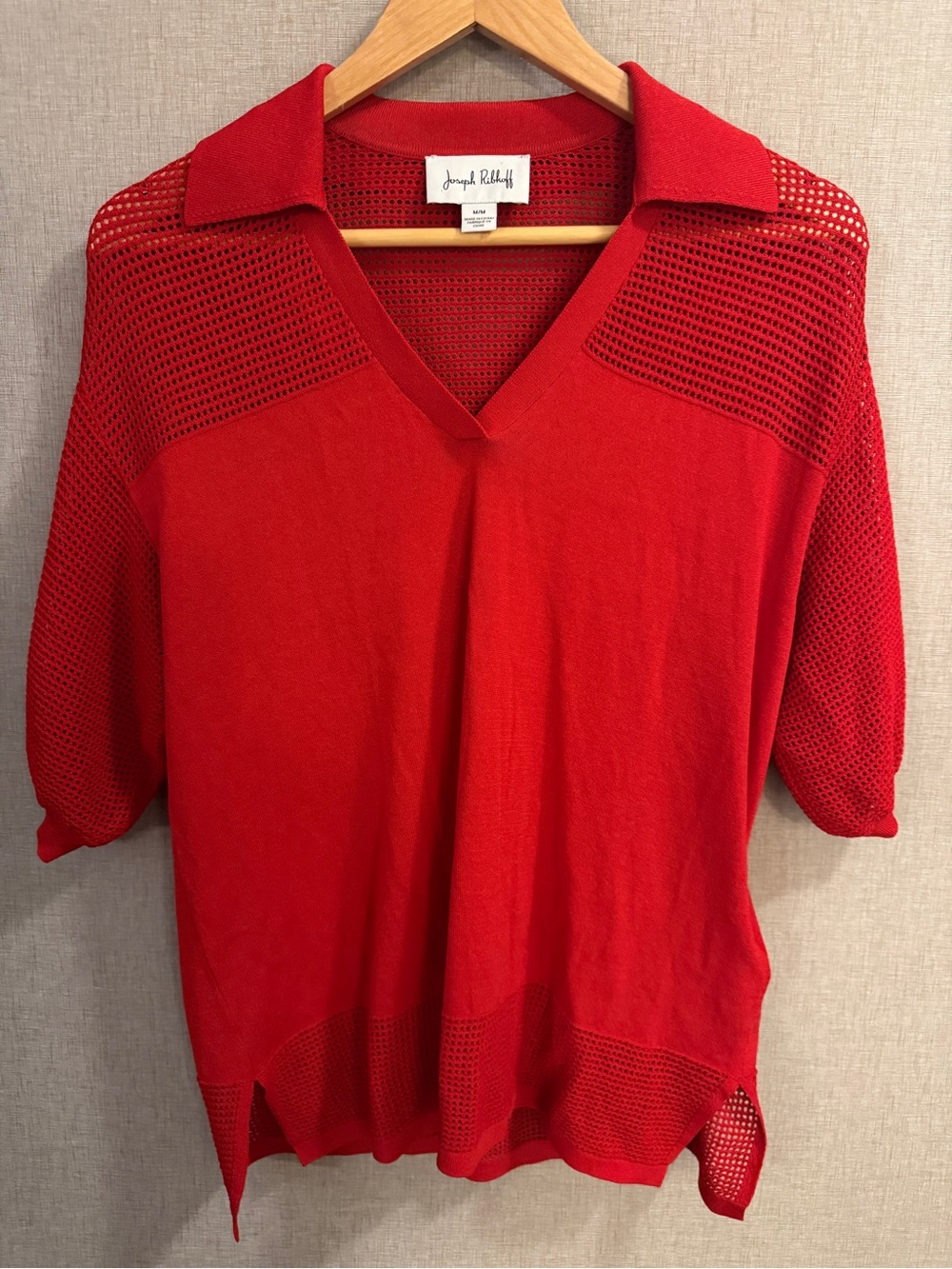 Joseph Ribkoff Red Open Knit Mesh Polo Sweater Medium V Neck Resort Holiday